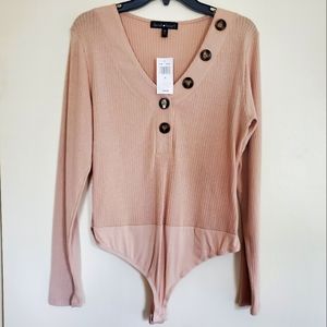 Derek Heart Nude Long Sleeve Knit Bodysuit, Extra Large (XL)